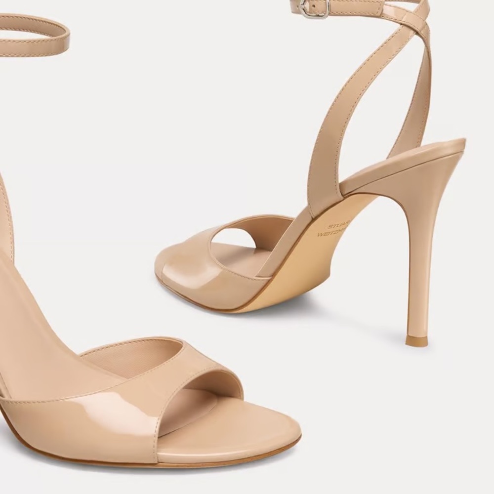 Stuart Weitzman Beige Patent Leather Ankle-Strap Stiletto Sandals